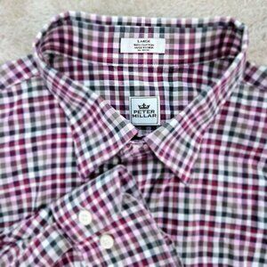 Peter Millar Dress Shirt White Pink Black Gray Plaid Long Sleeve Mens Size L